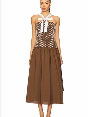 Brown Polka Dot Strapless Midi Dress with White Bow
